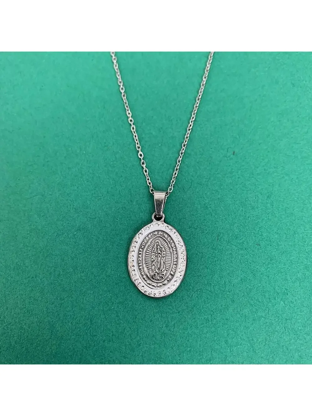 Stainless steel Silver Saint Marry rhinestone pendant y2k 90s style necklace